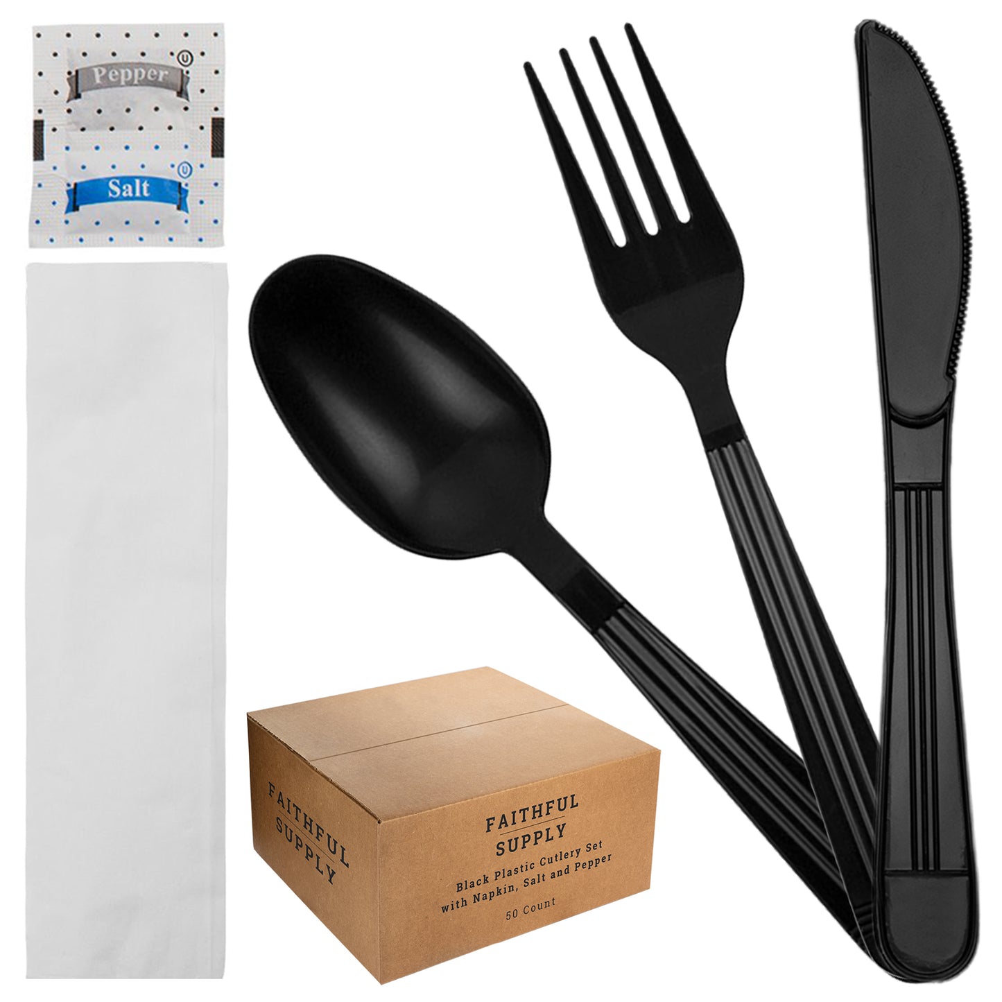 Plastic Cutlery Packets - 750 ct Individually Wrapped with Fork, Knife, Spoon and Salt/Pepper Packets