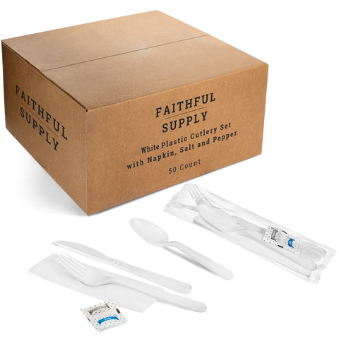 Faithful Supply 50 Wrapped Plastic Cutlery Set with Napkin- Heavy Duty Knife Fork Spoon Napkin Salt Pepper Sets - Cutlery Packets - Bulk Utensil Set Disposable To Go (White 50)