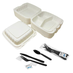 Faithful Supply - 25 To Go Containers with Black Plastic Cutlery Kits, 3 Comp...