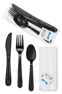 Faithful Supply Plastic Utensils Individually Wrapped - Wrapped Plastic Cutlery Set with Napkin Knife Fork Spoon Salt Pepper Black Plasticware