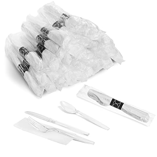 600 ct Pre Rolled Napkin with Plastic Silverware Sets - Extra Heavy Duty Knife Fork Spoon Napkin Sets - Individually Wrapped Packets