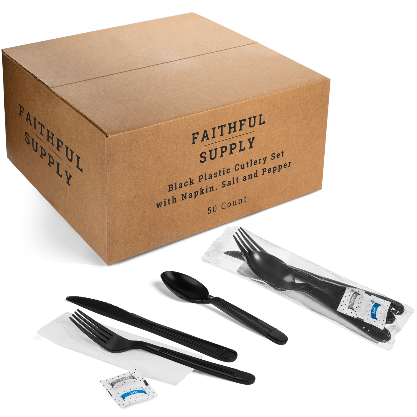Plastic Cutlery Packets - 750 ct Individually Wrapped with Fork, Knife, Spoon and Salt/Pepper Packets