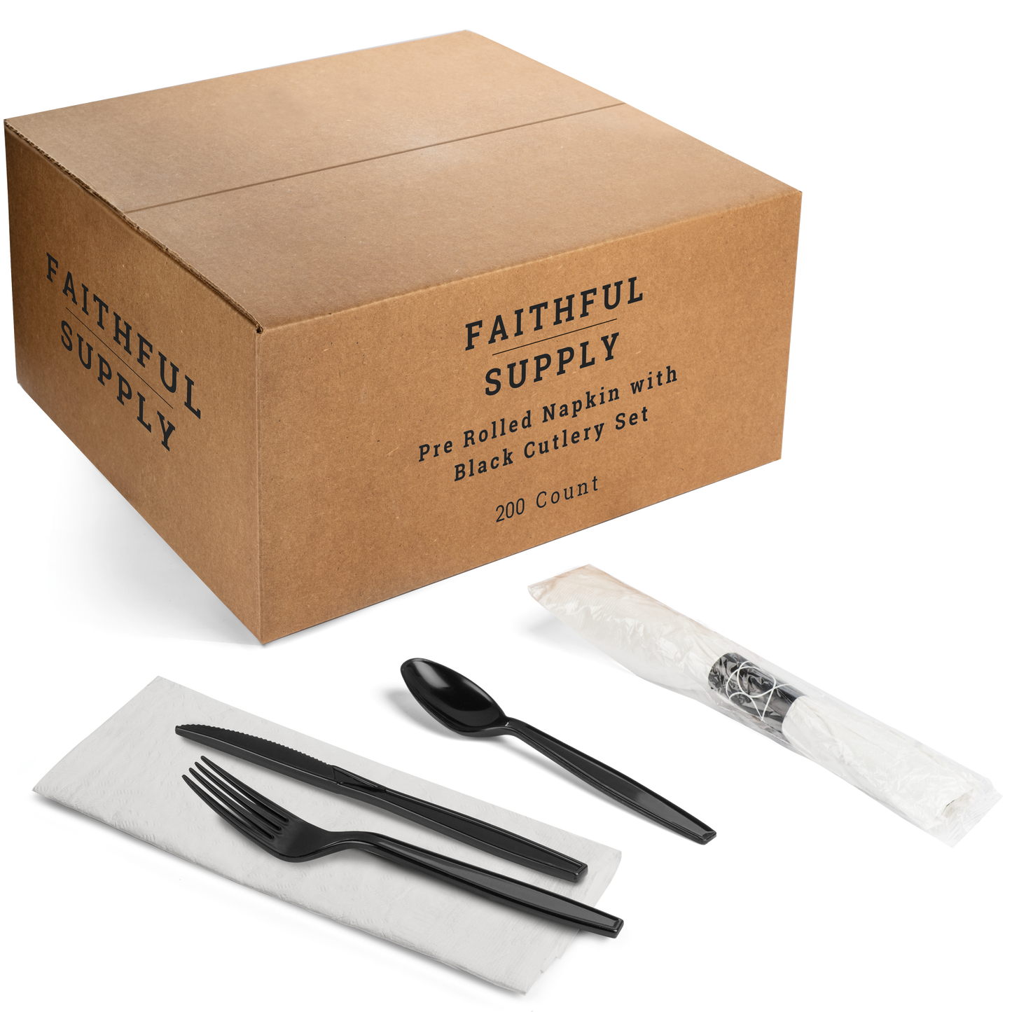 200 ct Pre Rolled Napkin with Plastic Silverware - Extra Heavy Duty Knife Fork Spoon Napkin Sets - Individually Wrapped Packets