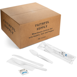 Faithful Supply Plastic Cutlery Packets Individually Wrapped Utensils White Plastic Silverware Heavy Duty Wrapped Cutlery Kit with Fork Spoon Knife Napkin and Salt and Pepper Packets 250/case