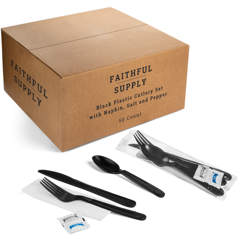 Faithful Supply Plastic Cutlery Packets Individually Wrapped Utensils| Black Plastic Silverware Heavy Duty Black Wrapped Cutlery Kit with Fork Spoon Knife Napkin and Salt and Pepper Packets 50/case