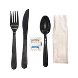 Faithful Supply Plastic Cutlery Packets Individually Wrapped Utensils| Black Plastic Silverware Heavy Duty Black Wrapped Cutlery Kit with Fork Spoon Knife Napkin and Salt and Pepper Packets 50/case